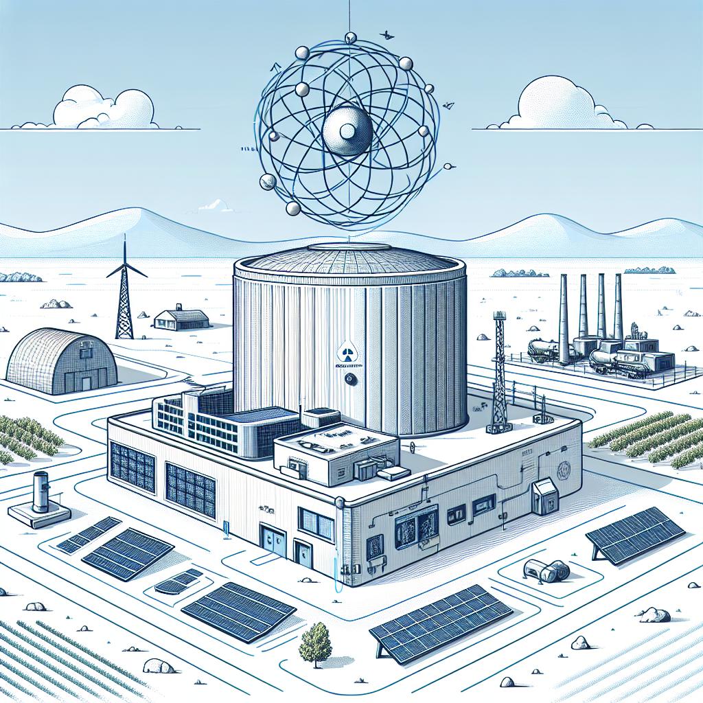 Create a 2D, linear perspective vector-style image set against a white and textureless background. The scene is set in a rural landscape, symbolizing the use of nuclear microreactors in remote locations. A nuclear microreactor stands centrally, with solar panels nearby to emphasize clean energy. In the background, there's a military base suggesting potential applications for off-grid facilities. The sky above is blue, signifying a promising and sustainable future. A visible energy flow between the microreactor and the surrounding components is included, hinting at efficiency and innovation. This will be in a corporate flat design style.