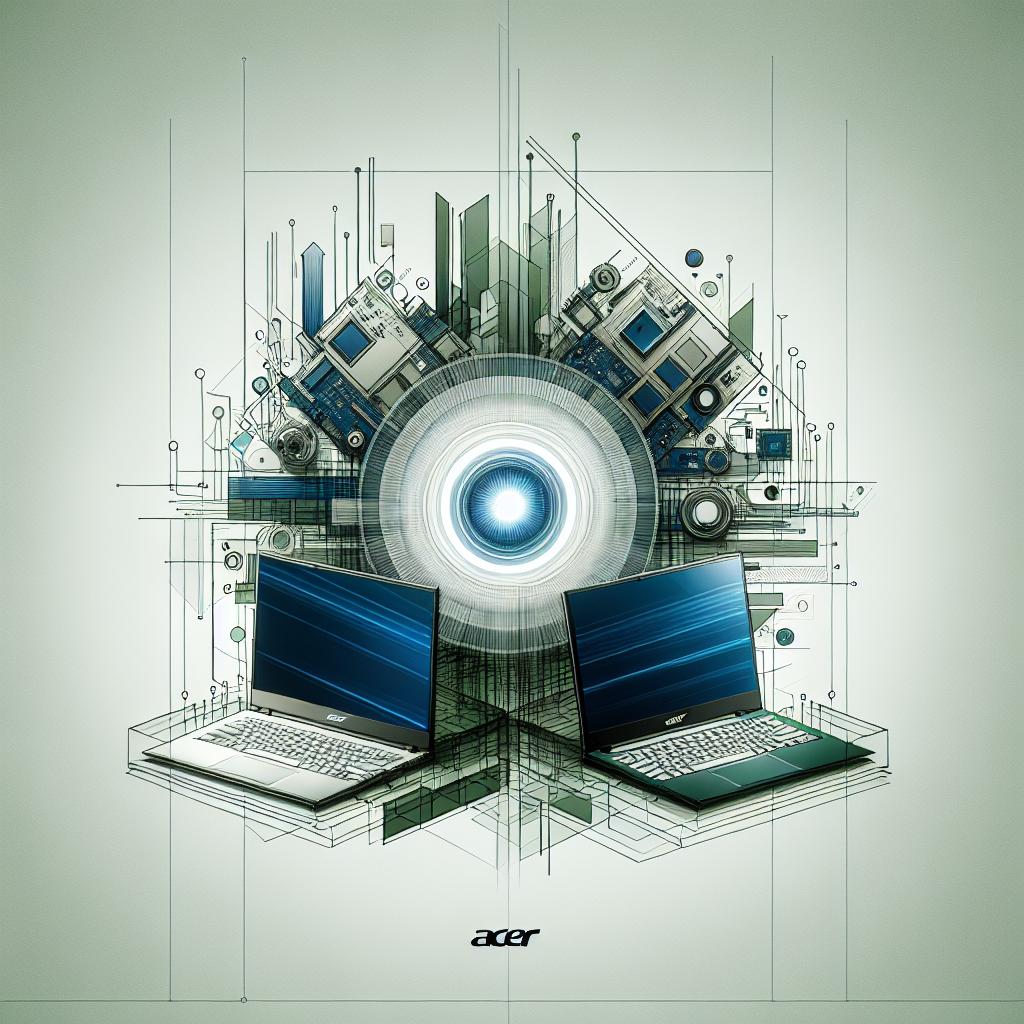 Visualize a flat, corporate, abstract geometric styled image seen from a 2D linear perspective. The background is plain, untextured white. In the foreground are newly announced laptops, the Acer Swift Go and the Aspire Vero 16. Their sleek designs incorporate hints of green and blue, representative of their commitment to sustainability. Surrounding the laptops are elements of technology like circuits and chips, symbolizing the advancement and innovation of these devices. Centered at the top of the image is the Acer logo, a brand synonymous with progress and originality in the tech industry.