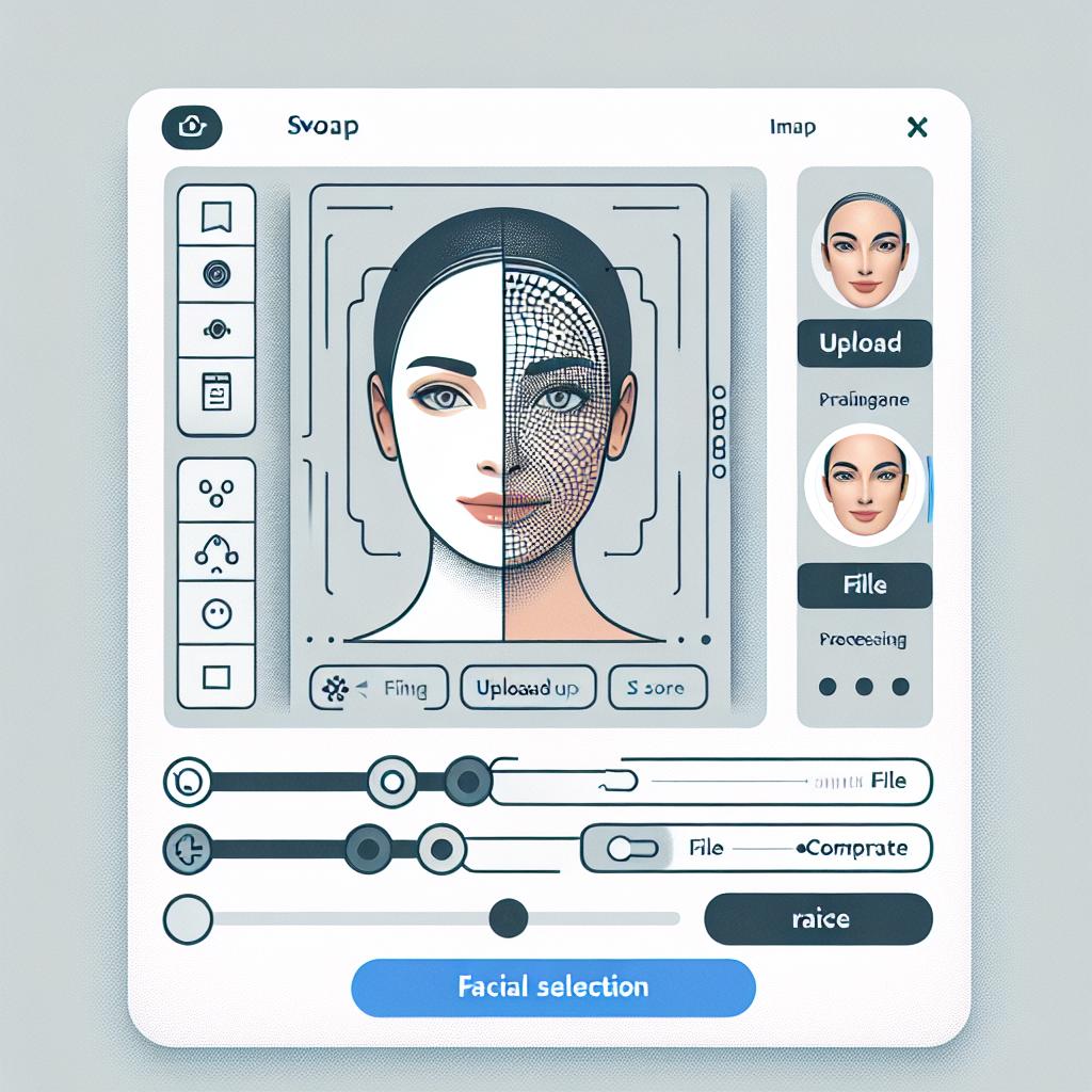 Create an image capturing the user interface of an open-source artificial intelligence face swap tool named Roop. Design the interface in a vector, flat, and corporate style, with user-friendly controls displayed from a 2D, linear perspective against a white, untextured background. Highlight the facial selection and file buttons. Include additional elements such as an upload button that allows users to select a source image, a viewing area that reflects the result of the edit, and processing settings that provide options to adjust the edit.