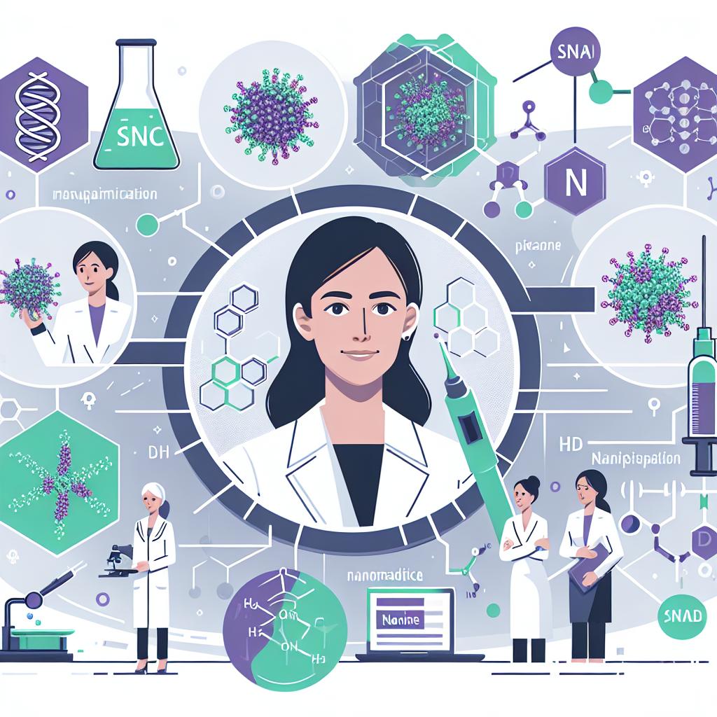 Create a corporate-style, flat vector image with a 2D linear perspective on a plain white background. The image should depict the innovative nanoparticle manufacturing process, including elements of 3D printing and nanomedicine, led by a female Caucasian professor. Additional elements include green and purple colors representing innovation and technology in health sciences. Intersperse nanoparticle symbols to underscore the relevance of nanomedicine research, subtly incorporated within a chemical background to set the research context for the Sequential NanoPrecipitation (SNaP).