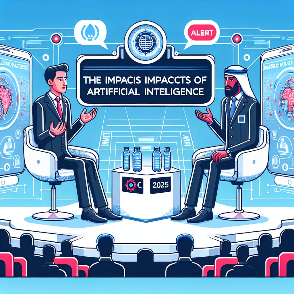Create an image illustrating a 2025 Mobile World Congress debate involving two contrasting human figures, a Caucasian optimistic futurist male, and a Middle-Eastern critical, blunt male expressing concern, discussing the impacts of Artificial Intelligence (AI) on our lives. They are on a stage symbolizing the exchange of ideas about Artificial Intelligence, with a background blending technological and social elements. Use a vector, flat, corporate style with a plain white background and a 2D linear perspective. Add technological elements to the stage and use blue (technology) and red (alert) to symbolize the two perspectives.