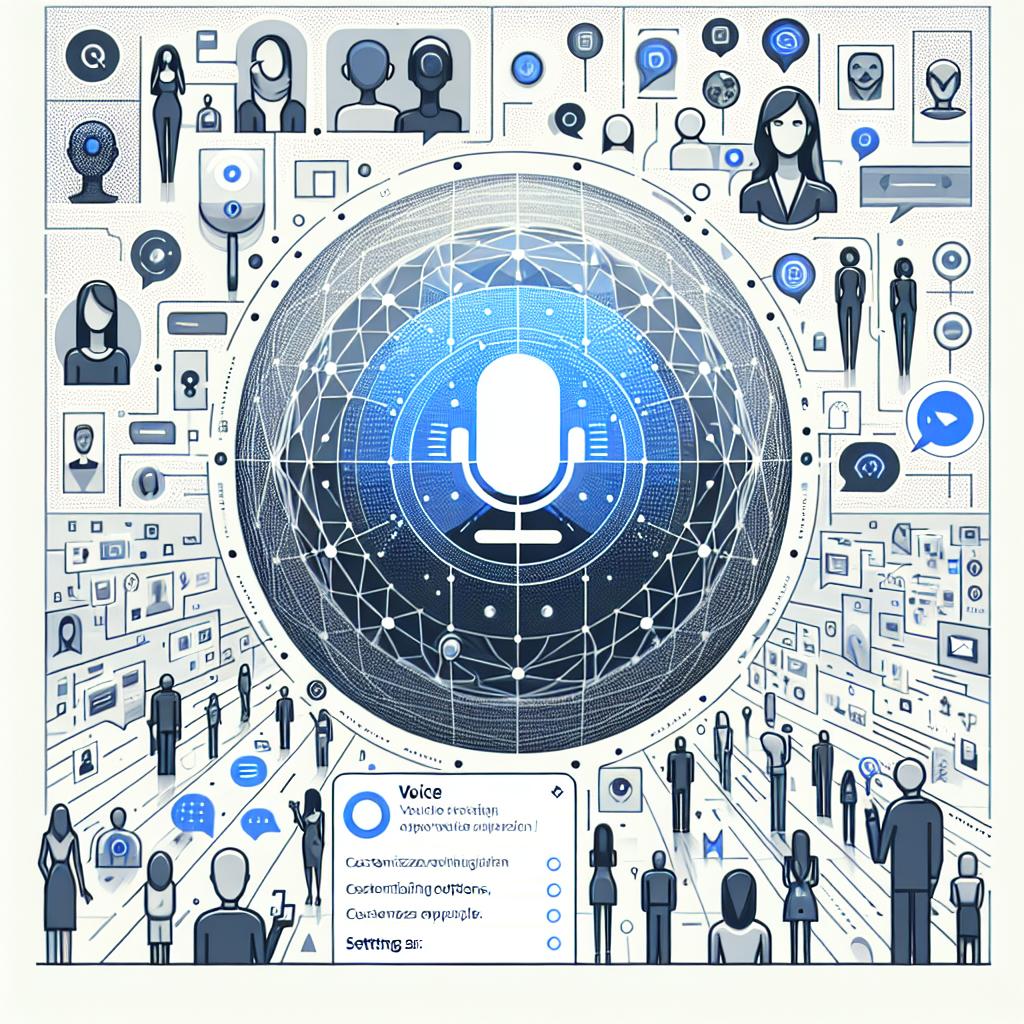 Depict an image in a 2D, linear perspective with a corporate, vector-based, flat style that would be suitable for a white, textureless background. In the central part of the image, render a blue sphere representing the new Advanced Voice Mode design. Surrounding it should be a myriad of animated voices exemplifying the range of available options, each one visually unique to denote diversity. Also include in the image are varied users of different descents and genders interacting with the new feature, thus symbolizing a novel thought-provoking experience. Prepare a settings panel as well, displaying customization options and personalized instructions.