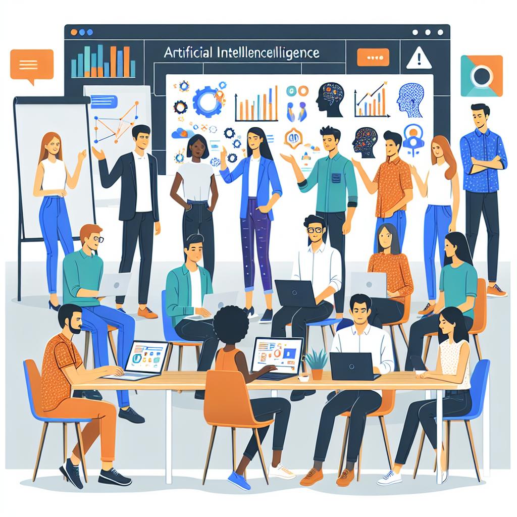 Create a 2D, vector-style, flat corporate image set on a white and textureless background. This image depicts a group of diverse academics and tech professionals, both male and female some of which are Caucasian, Hispanic, Black, Middle-Eastern and South Asian. These individuals are participating in an artificial intelligence workshop, dressed in casual clothing symbolizing young, dynamic startup culture. They are in a collaborative environment, interacting with each other and exchanging ideas, with laptops and projected graphs in the background symbolizing their focus on technology and data. There's also a blank whiteboard signifying active teaching and learning.