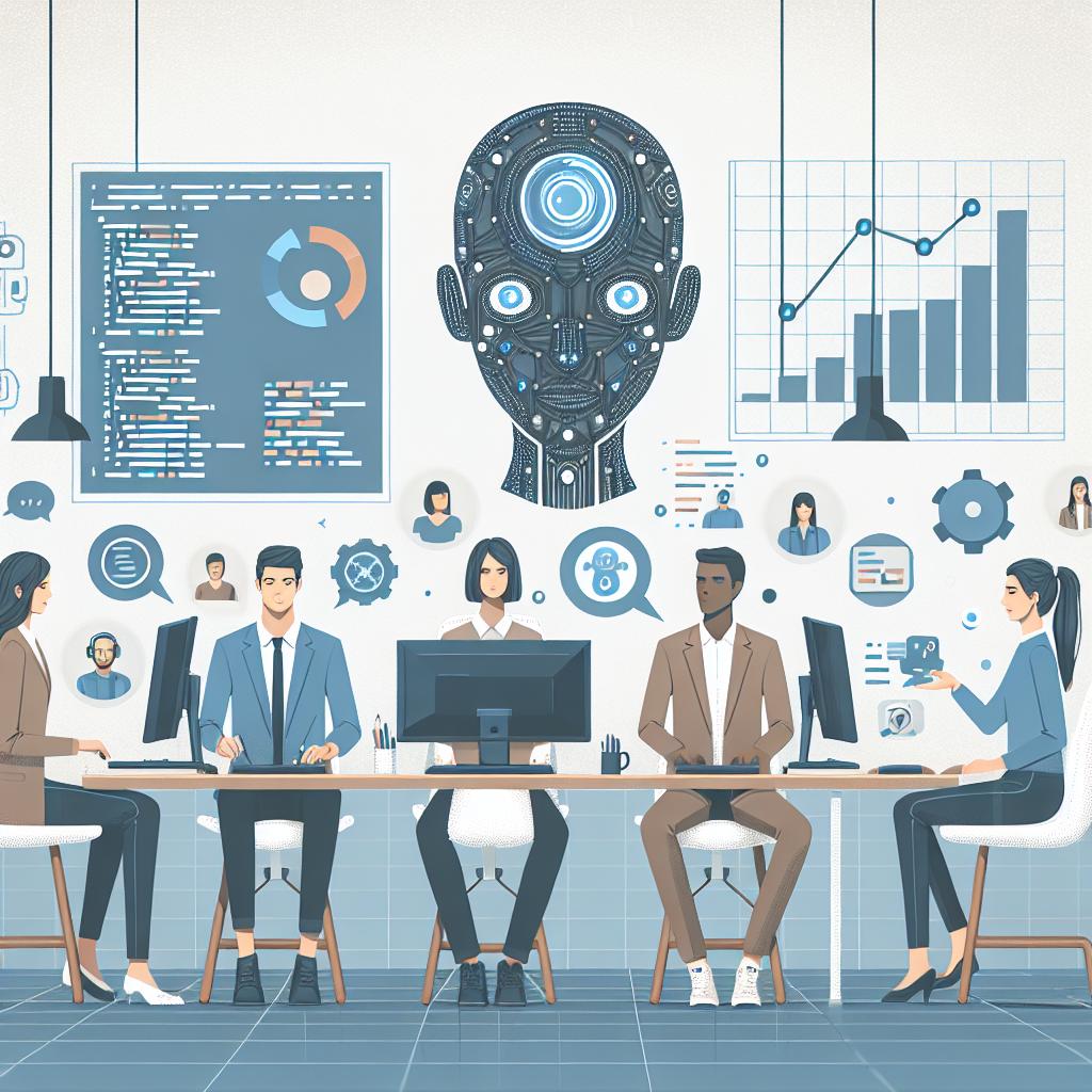 Create a 2D, linear-perspective image in a vector, flat, and corporate style. Set the scene against a plain and textureless white background. Illustrate multiple programmers, showcasing diverse ethnicities and genders, engaging with AI-based code assistants in a modern software development environment. Their professional collaboration should be highlighted. Include computers as a symbol of advanced technology usage, and graphs depicting an increase in productivity as a backdrop. The overall ambience should reflect contemporary technological innovations.