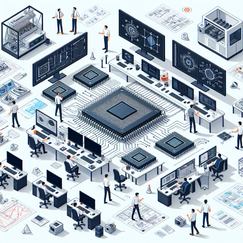 Imagine a 2D vector, flat corporate style scene set in a white, textureless backdrop. It depicts a semiconductor design environment with engineers of diverse descents and genders, working on multiple chip nodes. Elements such as computer screens projecting design graphics, scattered paperwork, and testing equipment relay the intricate details of the scene. Additional elements include collaboration symbols among the engineers, graphs on the screens symbolizing technical design, a chip diagram implying the concept of multi-die, and a contemporary workspace environment signaling advancement and technology.