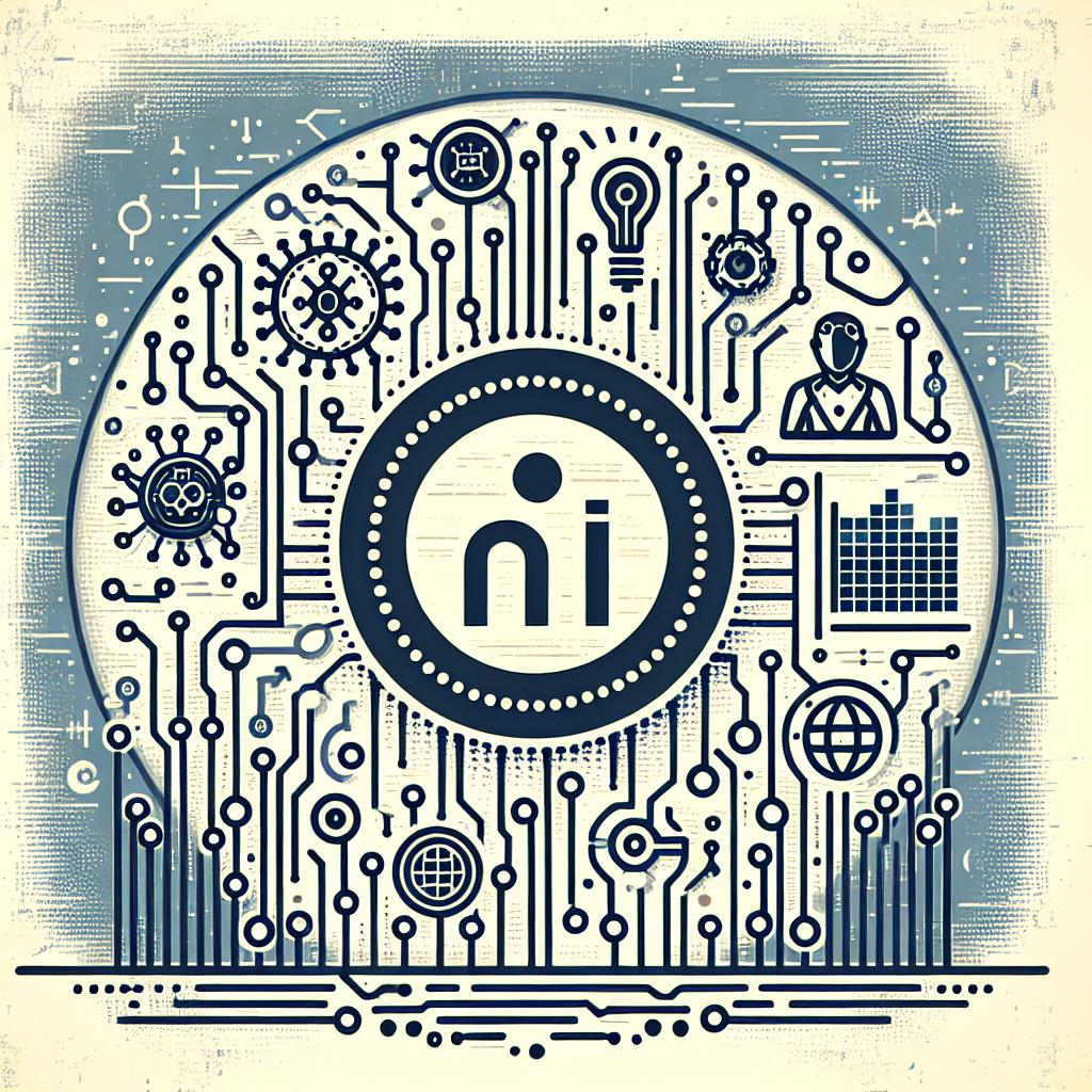 Imagine a corporate-style, vector and flat, 2D linear perspective image on a textureless white background. The key elements should include a logo representing a tech company and icons depicting circuits to symbolize technology and innovation. Additionally, there should be data chart icons symbolizing the analysis and research in AI. Please refrain from using real or copyrighted logos and instead generate an iconic, unique logo symbolizing a tech company.