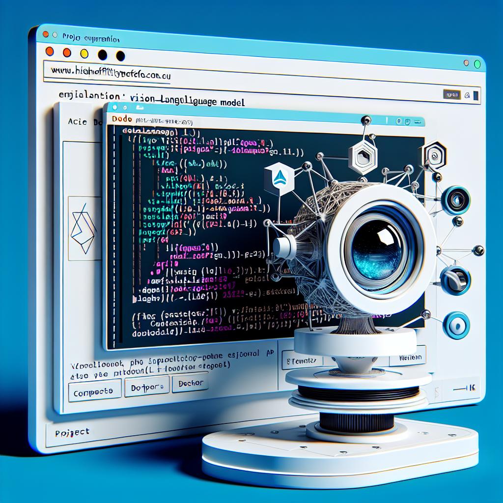 A 2D, flat, vectorial image in corporate style, demonstrating the integration of Vision-Language models taking the limelight in the modern tech scene. The picture depicts a computer screen displaying the High-Fidelity Face platform interface. The project code stands out prominently within the interface, showing the implementation of an API endpoint for a theoretical model named 'Qwen2.5-VL-7B-Instruct'. The scene leverages the use of Docker, aiming to incorporate both image and text in a single API call. The image has a bright white, texture-free background. The elements are colored vibrantly to emphasize the cutting edge technology in play. The emblem of High-Fidelity Face, subtly placed, reinforces the source of the technology.