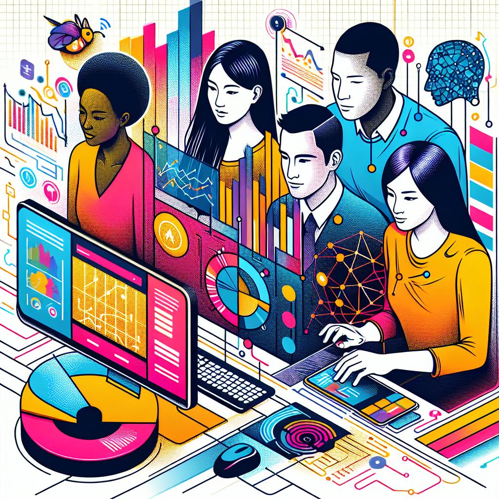 Create a contemporary, technical illustration in a 2D, linear perspective, and flat vector art style. The image is set against a white and textureless background. In the forefront, depict a diverse quartet of people- an East Asian man, a Middle-Eastern woman, a Caucasian woman, and a Black man- performing data analysis on a computer which symbolizes the BigQuery platform. The computer screen displays vibrant coloured data graphs, symbolizing data analysis. In the background, have a graphical representation of artificial intelligence illustrating its integration with the BigQuery platform. Use vibrant colors throughout the image to highlight innovation and technology.