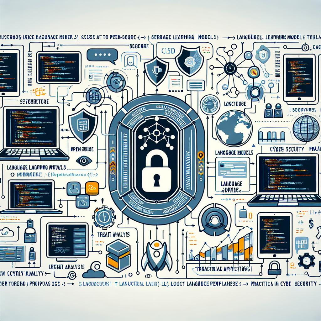 Create a flat, corporate-style vector image on an untextured white background, depicting various open-source language models being used in cyber security environments. The 2D perspective should maintain a linear viewpoint. Include graphics of programming codes smartly integrated into the design to symbolize the open-source nature of the Language Learning Models (LLMs). Additionally, incorporate images of security devices to represent practical applications in cyber security. To illustrate threat analysis, incorporate data charts into the design. Keep the overall tone professional and modern.