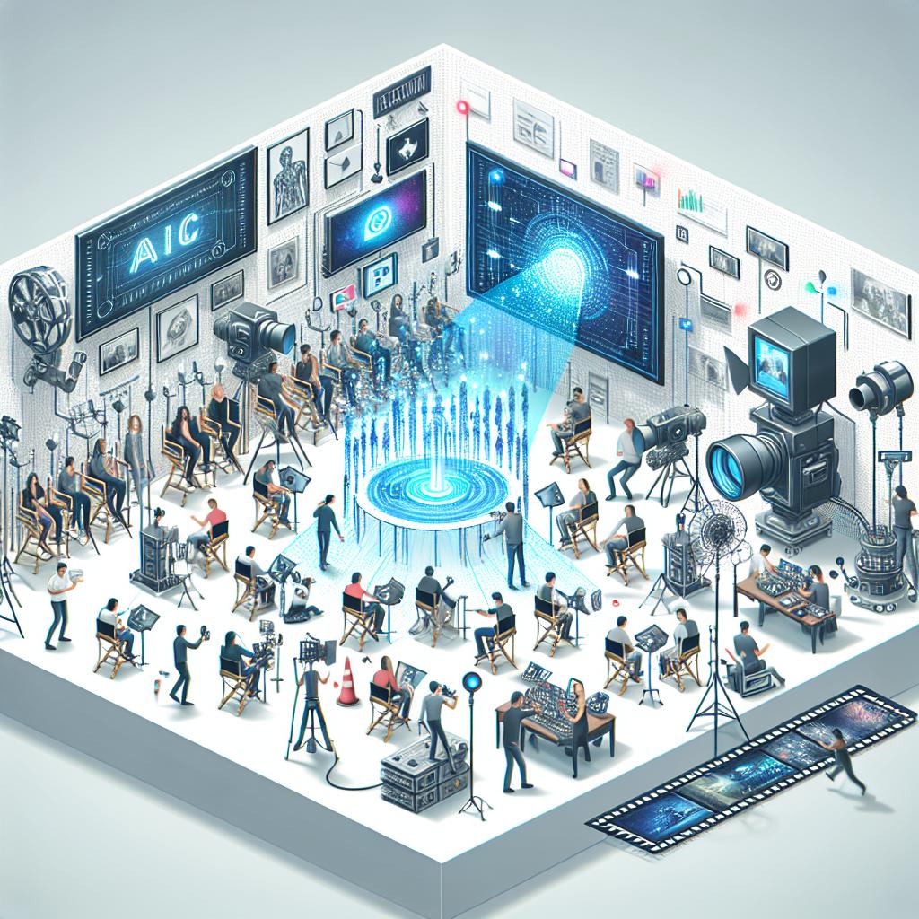 Create an image that depicts a movie set, a hub of activity where filmmakers and directors, varying in descent and gender, are immersed in their creative work. Amongst this activity, AI tech elements, such as futuristic holographic displays and innovative equipment, intrude, symbolizing the integration of technology in the filmmaking process. The backdrop should be a minimalist white and untextured, in a 2D, flat design style suited for corporate presentations. Furthermore, on the larger spectrum of the image, glimpses of film scenes unfold, reflecting the result of this union between human creativity and technology.