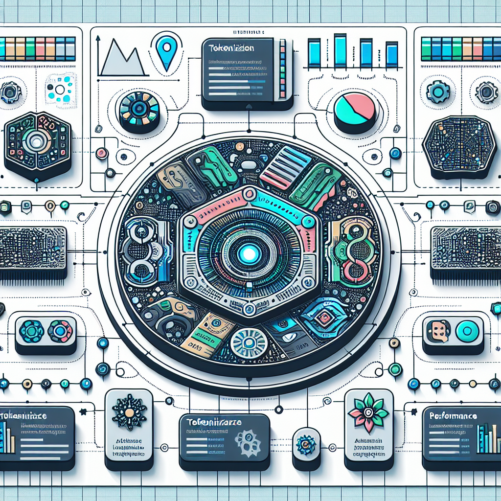 Create a 2D, linear perspective image using a vector, flat, and corporate style. The background should be white, without texture, and adorned with graphics representing technology and artificial intelligence through elements of circuits and patterns. The core of the image illustrates a performance chart comparing different types of tokenizers used in language models. They are symbolized by unique icons that denote a variety of languages and application domains. The chart's design is in cool colors, symbolizing innovation and technology. An explanatory text highlights the importance of tokenization within the field.