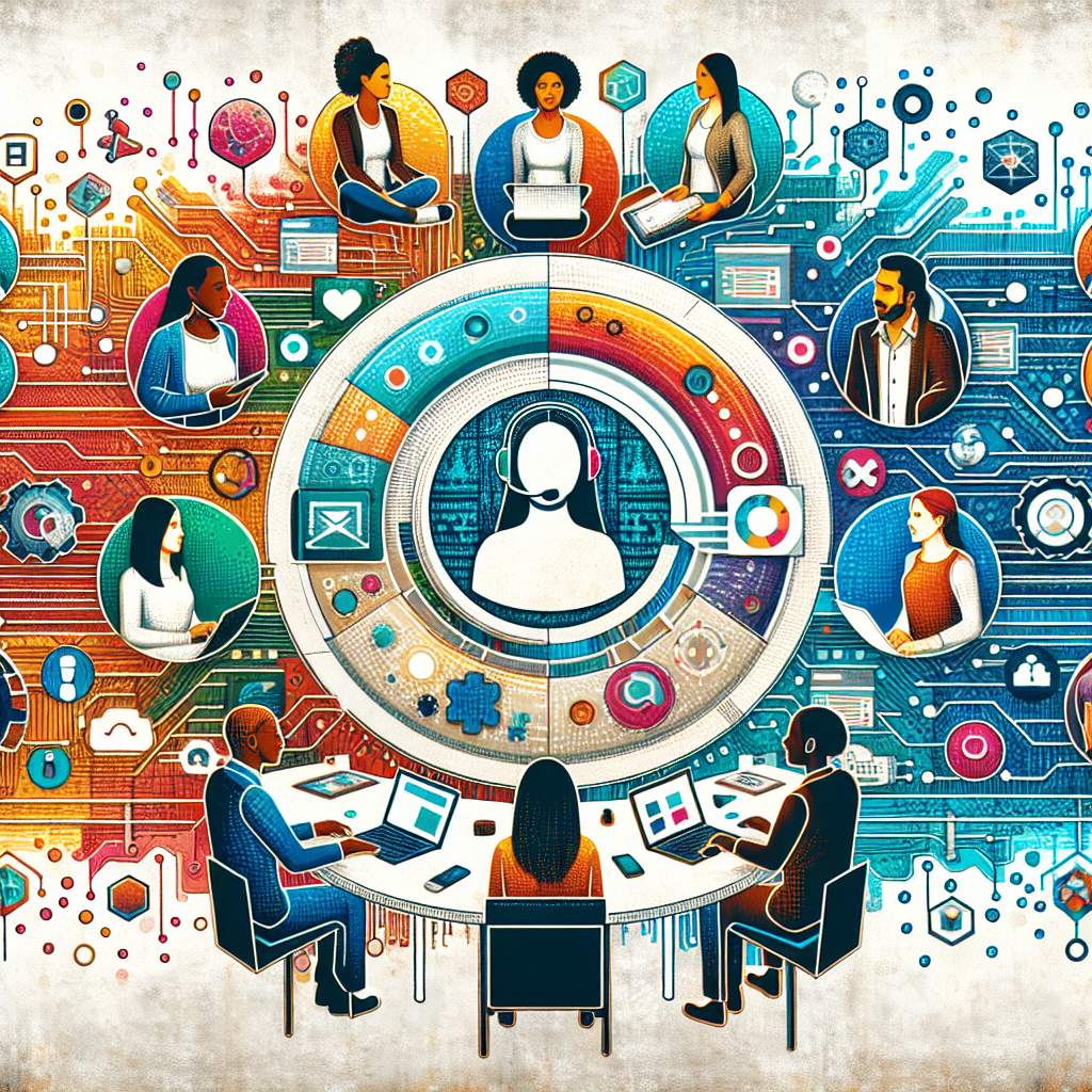 Imagine a 2D, flat, vector-style corporate image with a white, textureless background. The image portrays a diverse group of technology professionals interacting in a virtual workspace. To represent cultural and skillful diversity, homogeneously distribute identities: a Middle-Eastern female data scientist, a South Asian male web developer, a Hispanic female software engineer, a Black male product manager, and a Caucasian female cybersecurity analyst. It is a symbol of collaboration, innovation, and remote work. In the backdrop are graphic elements symbolizing artificial intelligence and open-source technology, such as circuits and coding icons. The overall picture is vibrant and colorful, symbolizing energy and technological innovation.