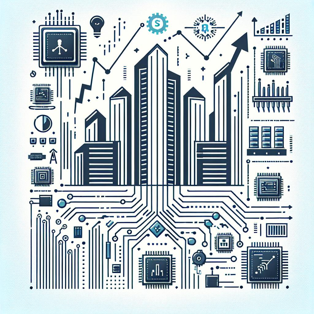 Create a vector-style, corporate, and flat 2D linear image on a white, textureless background. The image should symbolize the growing influence of Artificial Intelligence technology in the market. Include ascending charts indicative of the rising demand for AI and electronic components symbolizing the semiconductor sector. Instead of including specific logos, represent the idea of key players in the technology field with generic tech company logos. Make sure to keep the overall design aesthetic minimal and professional.