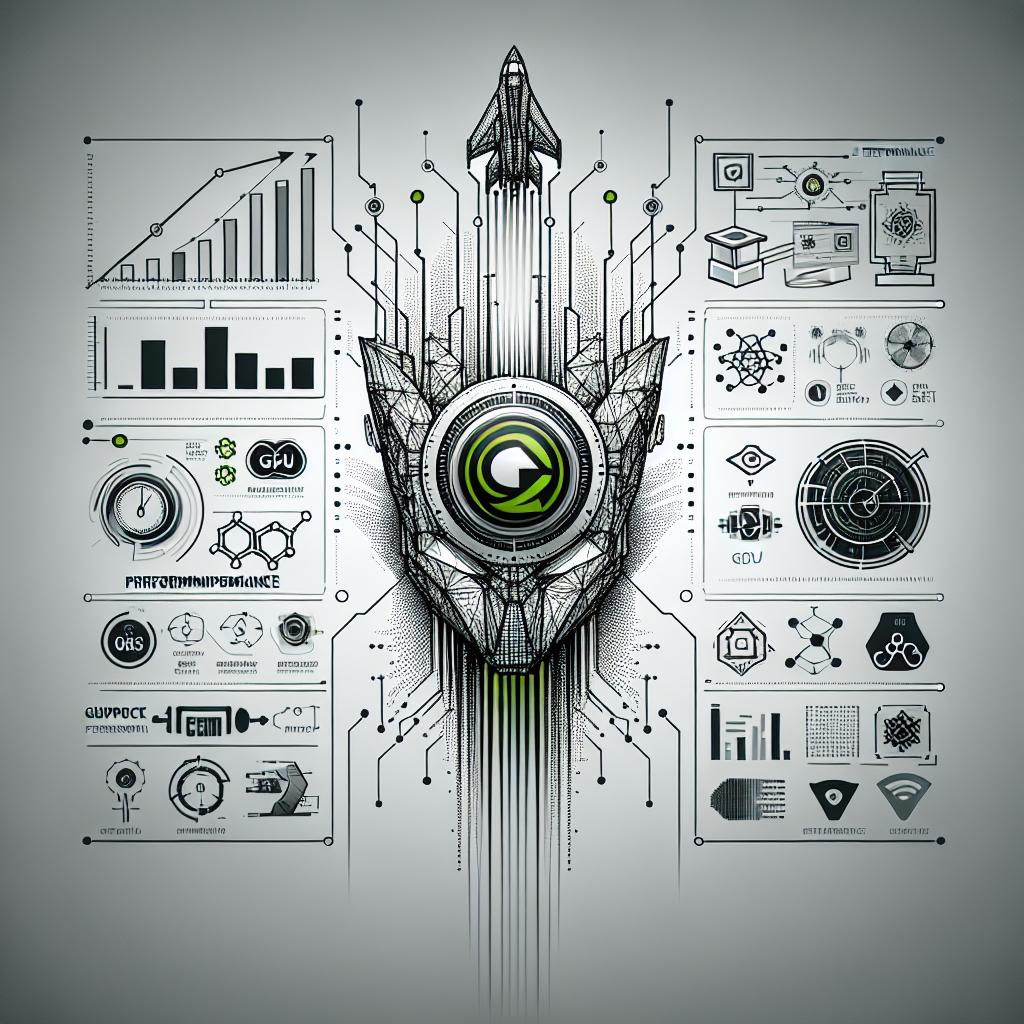 Create a 2D linear perspective image on a white, textureless background utilizing a vector, flat, corporate style. The image highlights the performance of the new GPU Cluster by NVIDIA, showcasing futuristic graphics that represent the speed and efficiency of the new technology. Include futuristic background elements that signify technological innovation. Show performance graphics demonstrating an increase in performance. Incorporate symbols related to Artificial Intelligence.