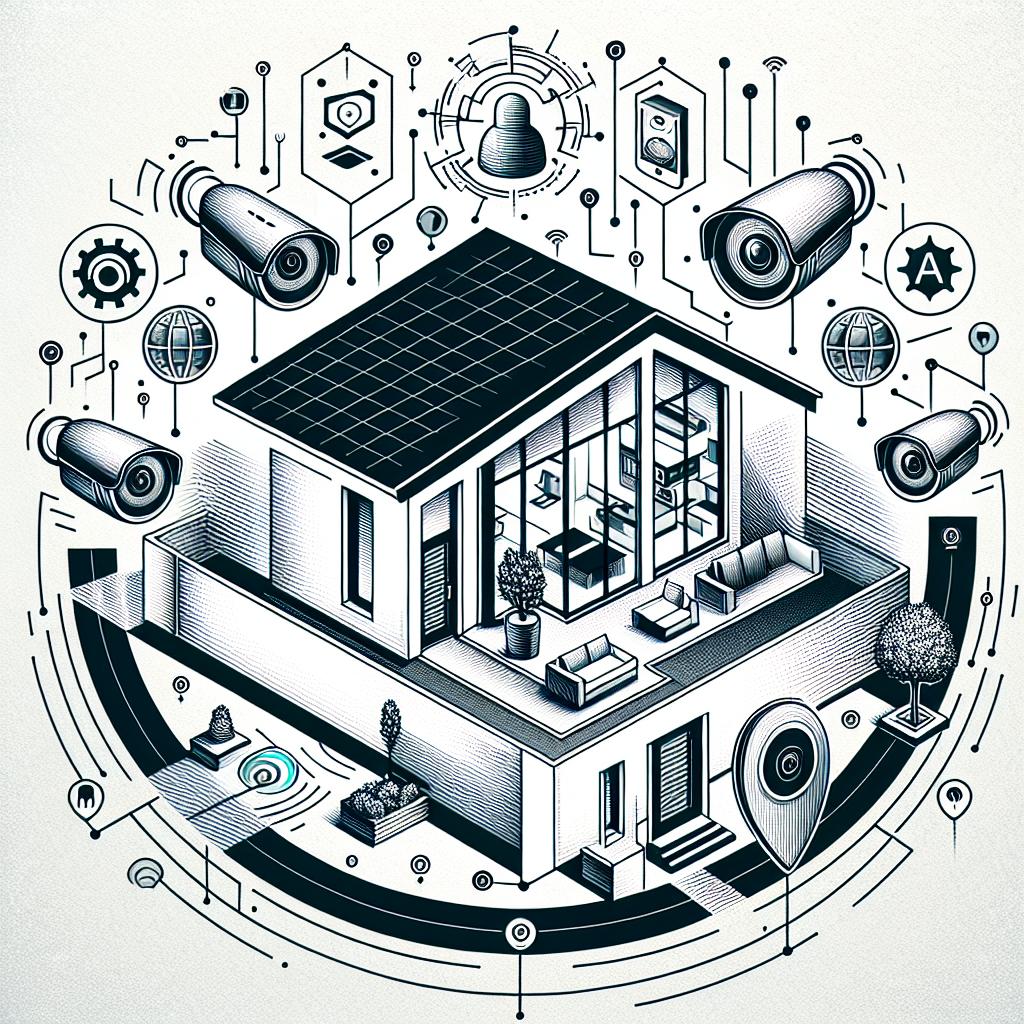 Create a 2D, linear perspective image in the style of corporate flat vector art on a textureless, white background. It should depict modern home security cameras, representing the application of new artificial intelligence (AI) technology, integrated within a contemporary house, exemplifying the domestic environment where the technology is applied. Further emphasize the efficiency and safety provided by the local technology with the cameras featuring prominently. Include visual effects like AI graphs or symbols to represent the working artificial intelligence.