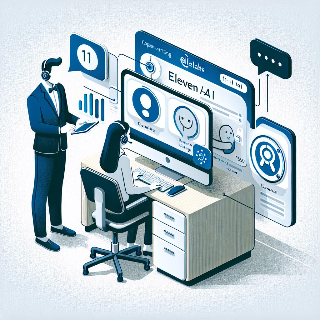 Create a corporate styled, 2D vector image showcasing the integration between ElevenLabs' Voice AI technology and the Intercom communication platform. The scene is set in a customer service environment, demonstrating state-of-the-art and efficient service. On a white, texture-less background, an operator, symbolizing the support staff equipped with this technology, interacts with a customer who benefits from personalized service. They are communicating through a computer, symbolizing the use of AI technology. A speech bubble symbolizes effective communication. The logos of ElevenLabs and Intercom are prominently placed, indicating the partnership between the two companies.