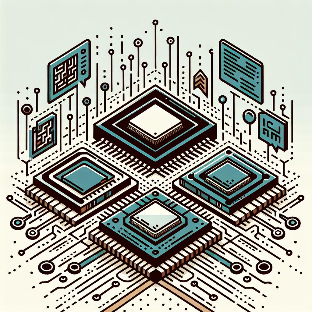 Illustration using flat, corporate vector style artwork set on a plain white background. The main theme will focus on the balance between hardware and software in the current technology market. The 2D linear design is centered around computer chips, representing the rising importance of hardware. Alongside the computer chips, there are software codes that symbolize the ongoing relevance of software in this market. An intertwining scheme is developed between these elements, denoting the interaction between hardware and software. The image is colored in sober hues to emphasize the seriousness of the technological subject.