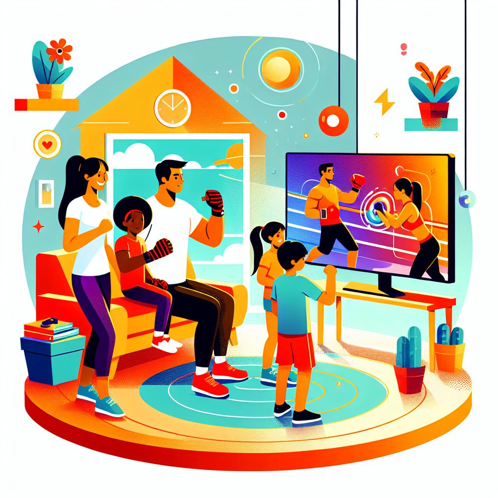 Create a vibrant 2D, linear perspective illustration in a flat, corporate style. This is set in a cozy home environment with a white, textureless background. The primary focus is a family, consisting of a Black father, a Hispanic mother, a South Asian daughter, and a Middle-Eastern son, engaged in exercise together. They're following instructions from an interactive boxing trainer on a large screen, representing the advanced technology from the startup Growl. The family symbolizes the inclusion of all family members, and the cozy environment emphasizes a fun, accessible home workout. The imagery utilizes bright, vibrant colors to convey energy and enthusiasm.