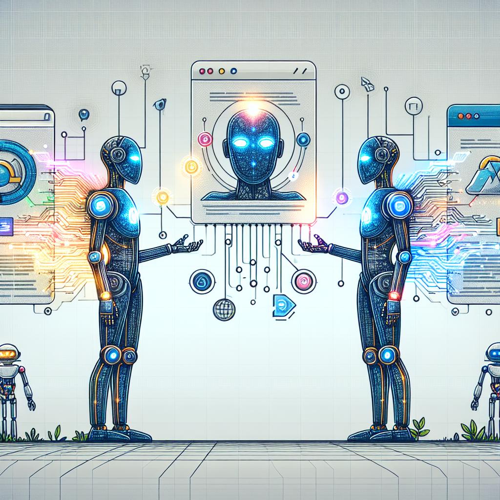 Craft an image in a 2D, linear perspective with a corporate and flat vector style. The scene should portray futuristic AI agents interacting with browser interfaces - a representation of web automation. The agents symbolize Airtop's innovations and the browse interfaces signify the interaction with the web. Illuminate the depiction with vibrant colors to attract attention and reflect innovation. Also, incorporate digital connection elements such as wires and circuits to emphasize the underlying technology. Set all these on a textureless white background.