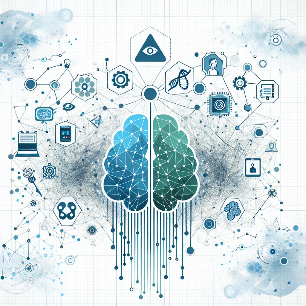 Create a flat, corporate-style, 2D, vector image with a linear perspective on a white, textureless background. The image should symbolize the merging of scientific knowledge with artificial intelligence. It should feature technology symbols, representing modernity and innovation in science, and a network of connections to symbolize collaboration among scientists and developers. Use the colors blue and green prominently to convey a sense of trust and growth. The background should be filled with blue and technology connectivity symbols, emphasizing the importance of collaboration in innovation.
