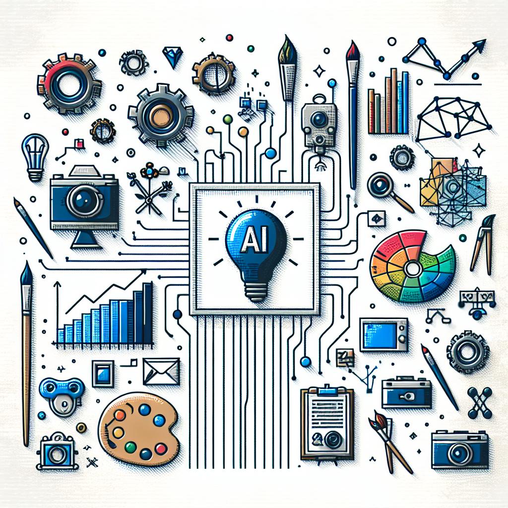 Create a 2D, linear perspective image in a flat, vector and corporate style. The background of this image is plain and white. The image seeks to represent the intersection between creativity and technology, featuring symbols of AI and graphical elements signifying innovation. Illustrate this by including AI symbols representing the impact of innovations, graphs showing the upward trend of technology, and creative tools such as paintbrushes and cameras to exemplify the creativity that technology stimulates.