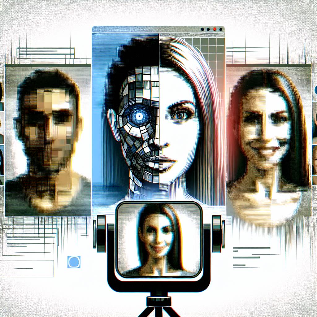 Represent an innovative artificial intelligence tool named Deep Live Cam, renowned for enabling real-time facial swapping with just a photo, taking center stage on the internet. Picture an unidentifiable user interacting with the tool via a webcam. Their face changes rapidly, showing the transformations possible with the tool, but avoid depicting specific celebrities. The background should be intentionally blurred to keep the primary focus on the user's interaction with the technology. The overall style should be a 2D linear perspective with a flat, corporate vectoral style. The image sits against a white, texture-less background. Add elements such as a vibrant color palette to reflect innovation, the webcam symbolizing real-time capture technology, and the software interface indicating modernity.