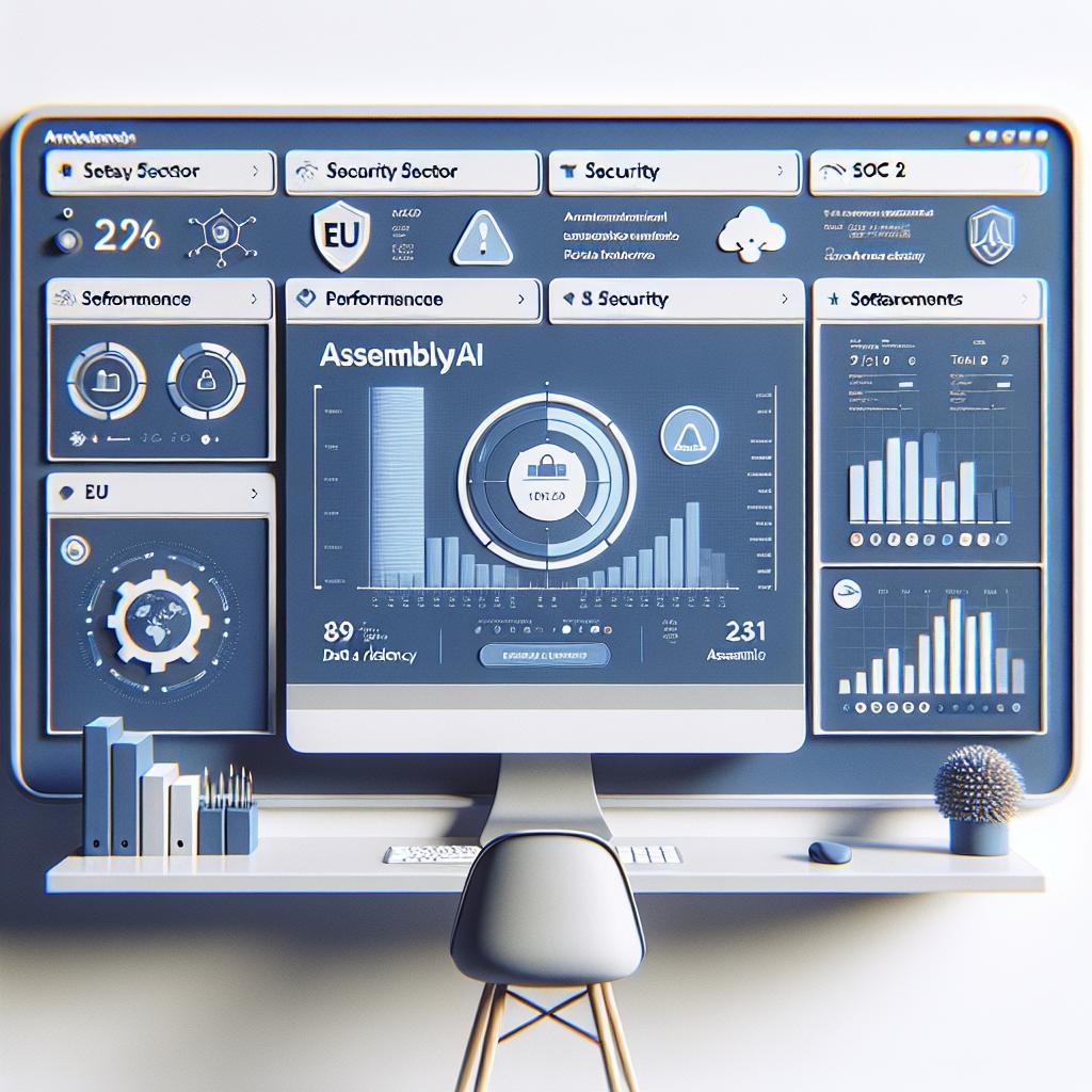 Imagine a 2D, vector-style image in a flat and corporate aesthetic. The picture is set on a clean, textureless white background. It features a computer screen displaying the dashboard interface of AssemblyAI. The image specifics focus on the company's recent enhancements to their security sector and data residence capabilities, announced on February 3rd, 2025, notably the EU Data Residency, the ISO 27001 certification, and the renewal of SOC 2 Type 2 coverage. Performance graphs and security icons are present to exemplify the success of these implementations and the clients' trust. The color palette involves sober tones of blue and grey, conveying security and professionalism.