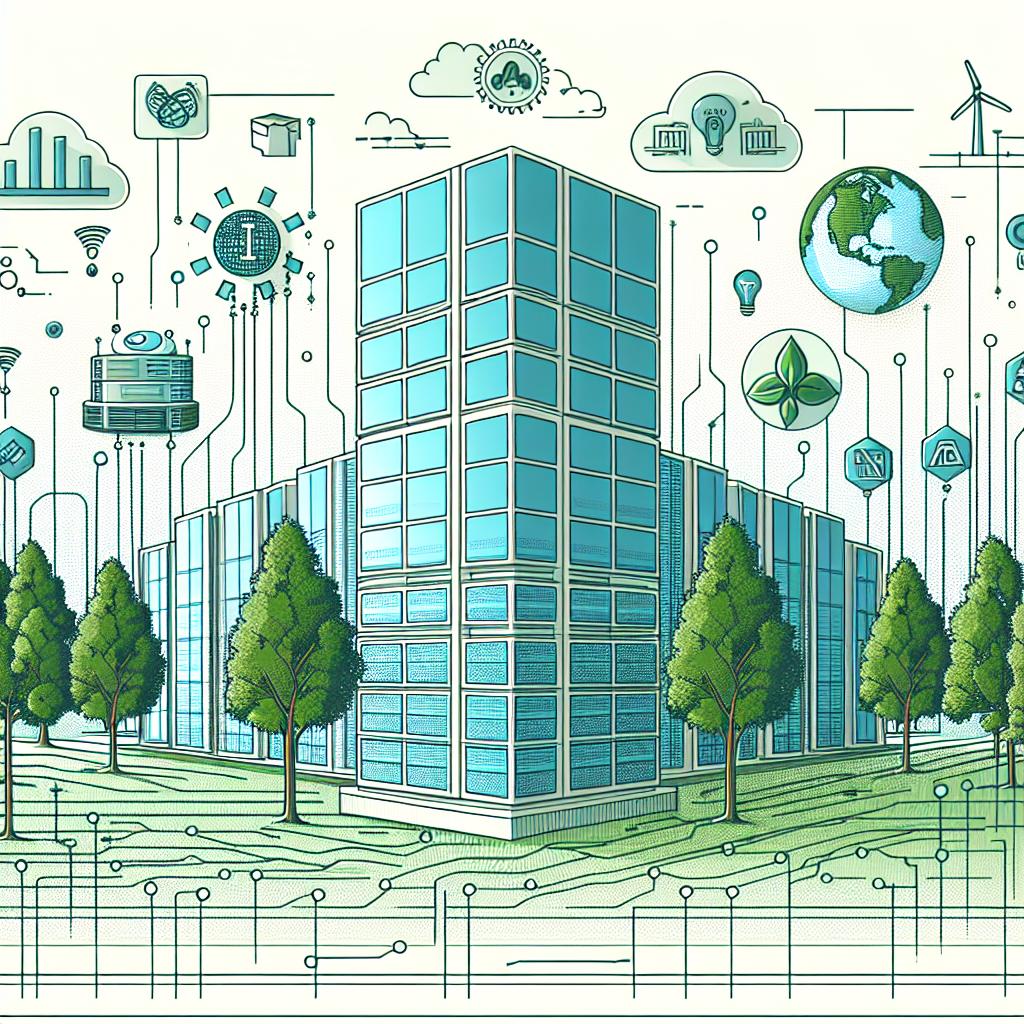 A flat, vector-styled, corporate image in a 2D, linear perspective with a theme on sustainability and Artificial Intelligence. In the setting of 2025, with a modern data center in the background symbolizing the base of AI technology. The data center is surrounded by trees representing nature and sustainability, as well as symbols that signify renewable energy, pointing towards a transition to greener practices. Primarily done in shades of green and blue, giving off a fresh and innovative vibe. The backdrop of the image is plain white, without texture, magnifying the highlighted elements.