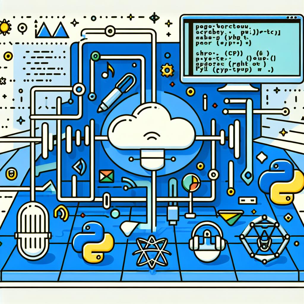 Craft a 2D, linear perspective image in the vector and flat style. The scene represents the integration of Google's Speech-to-Text API in a Python development environment against a white, textureless background. Include Python code as a symbol of audio transcription. Include a representation of the Google Cloud logo and various icons symbolizing the transcription process such as audio and text symbols. Incorporate a computer screen to contextualize the API's usage in programming. The image's color theme should predominantly contain shades of blue and green to represent Google's visual identity.