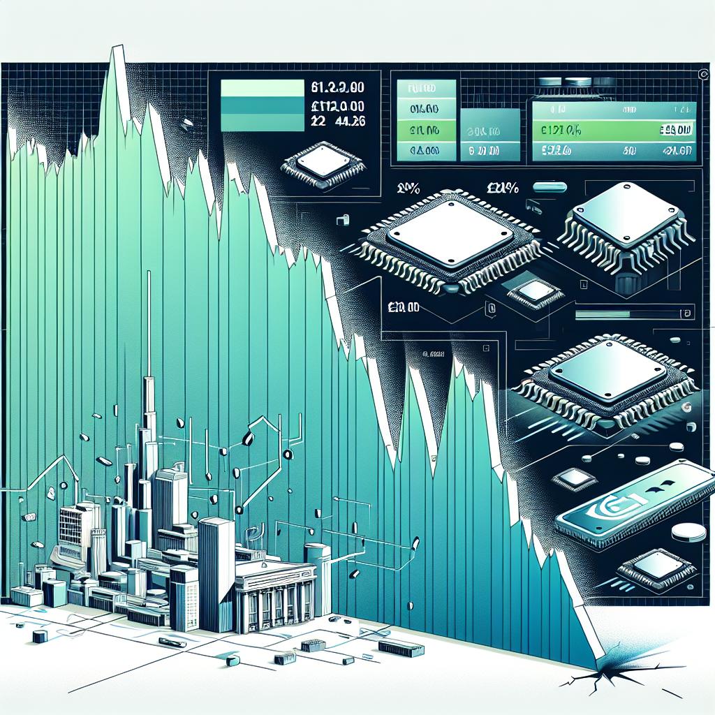 An illustration crafted in a flat corporate style displaying a 2D linear perspective view of a plunging share price line graph, representing a historic fall of NVIDIA's shares by nearly 10% in one single day and a staggering loss of £212 billion in market value. In the background, there are images of technology chips showing the company's semiconductor focus. The color scheme includes cool shades to emphasize a feeling of crisis and tension. Added onto this image are texts with financial data, making apparent the significance and impact of the incident. The whole design is placed against a white, textureless backdrop.