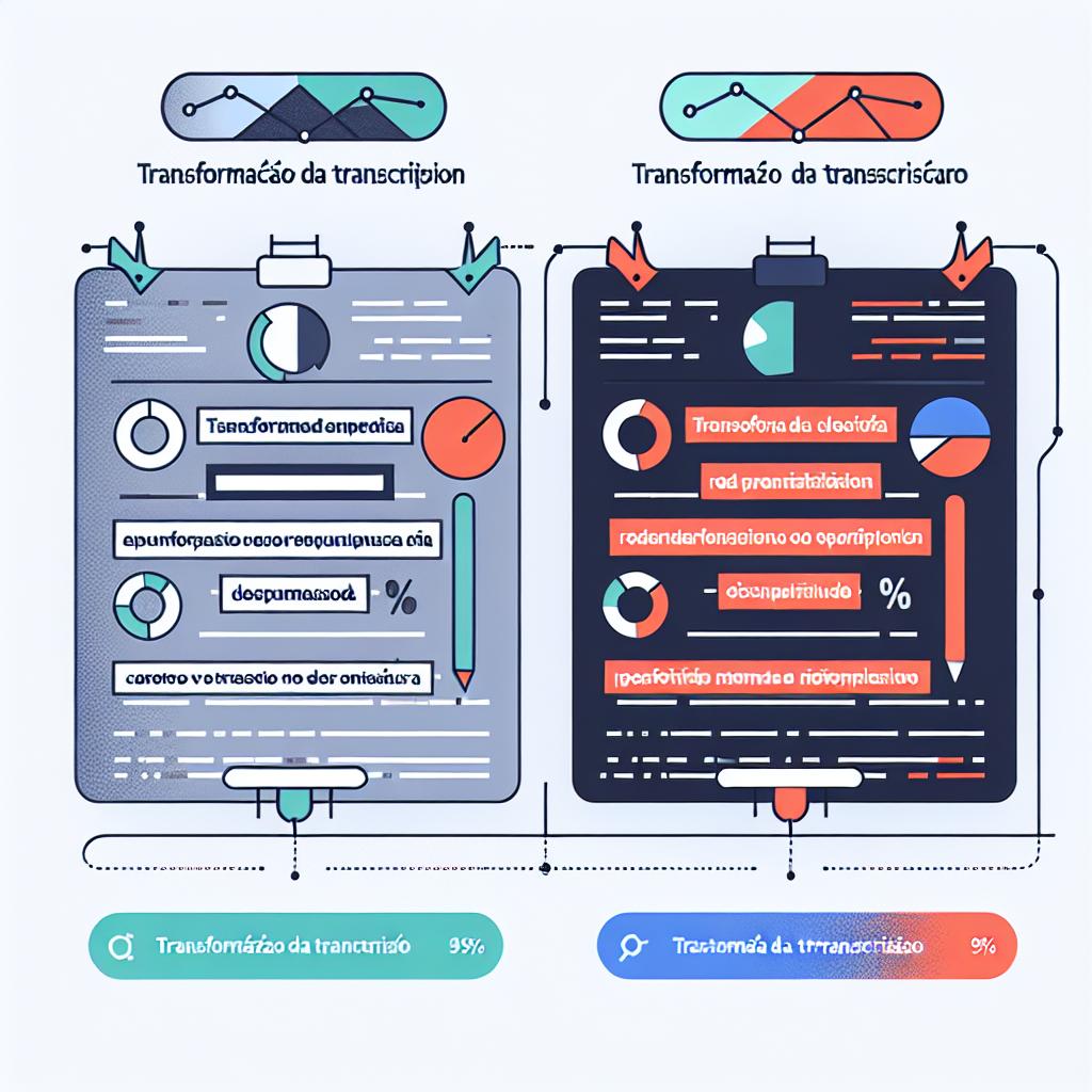 A 2D, linear perspective, vector illustration in a corporate, flat style on a white, textureless background. Two side-by-side transcriptions are featured. On the left side is a transcription without punctuation and casing, represented in a plain, monotone manner. On the right side, a transcription that has been correctly formatted by AssemblyAI, shown in vibrant and engaging colors. It should visibly emphasize legibility and user-friendliness. Additional elements include charts indicating improvements in percentages and the logo of AssemblyAI to reinforce the brand. The phrase 'Transformação da Transcrição' is highlighted, demonstrating the transformative effect of the technology on transcription tasks.