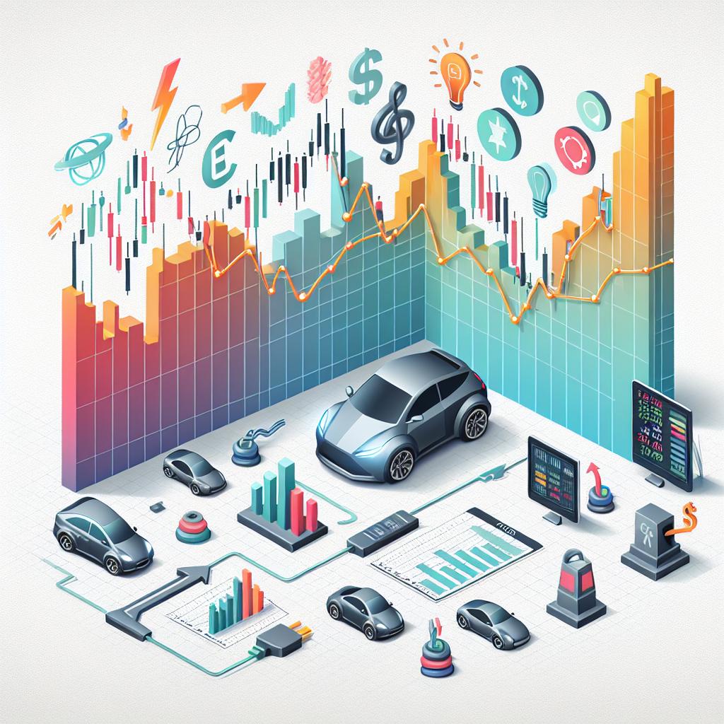 Create a 2D vectorial corporate-style image on a textureless white background. The image should illustrate fluctuations in Asian stock markets, embodied by performance charts that show variations in stocks. These charts should use both warm and cool colors to differentiate between the rises and falls. Symbols of Technology should be included, representing the growth seen in tech companies. In addition, icons of electric cars are necessary to symbolize the booming automotive sector. The entire picture is meant to symbolize the mixed performance seen in Asia and Pacific stock markets.
