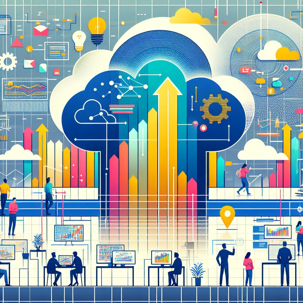 Create a 2D, linear perspective, vector-style illustration that represents the innovation and growth of startups in the UK. The setting should be a digitally dominated environment, incorporating vibrant colours to symbolise technology and innovation. Include cloud icons to signify the success and importance of Google Cloud services within this innovative ecosystem. Add silhouettes of people, each of a different descent, working tirelessly, highlighting the spirit of entrepreneurship in the UK's startup sector. Also, incorporate graphics showing upward trends to illustrate the increased growth of these startups. The background of the image should be white and texture-free.