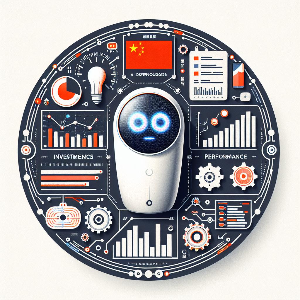 Create a 2D, corporate and flat vector style illustration on a white, untextured background. The modern depiction of a virtual assistant should be central, symbolizing the new technology of the Chinese startup, DeepSeek. Include performance graphics ideally bar charts or pie charts showing a comparison of investments and downloads, indicating competition. Incorporate a Chinese flag somewhere within the image to symbolize DeepSeek's rise on the global market. Add tech icons such as circuits, gears, and binary code around the virtual assistant to emphasize innovation in the sector.