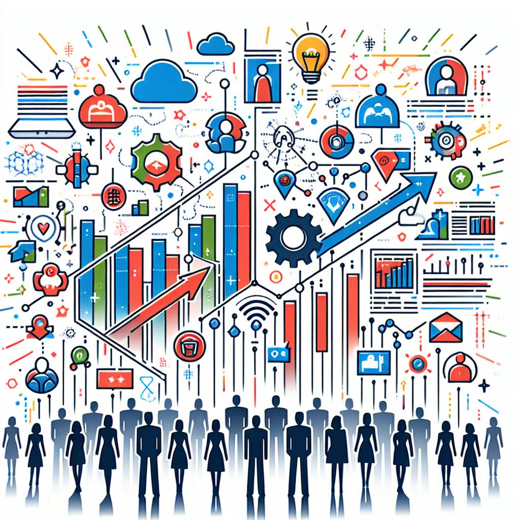 Create a 2D linear vector image in a corporate and flat style with a clean, untextured white background. The main focus of the image is a dynamic chart illustrating the integration of sales and marketing through AI. The chart consists of social media icons representing different marketing channels and real-time data processing. There should also be silhouettes of teams symbolizing the collaboration between departments, all in vivid colors for attracting attention and conveying dynamism.