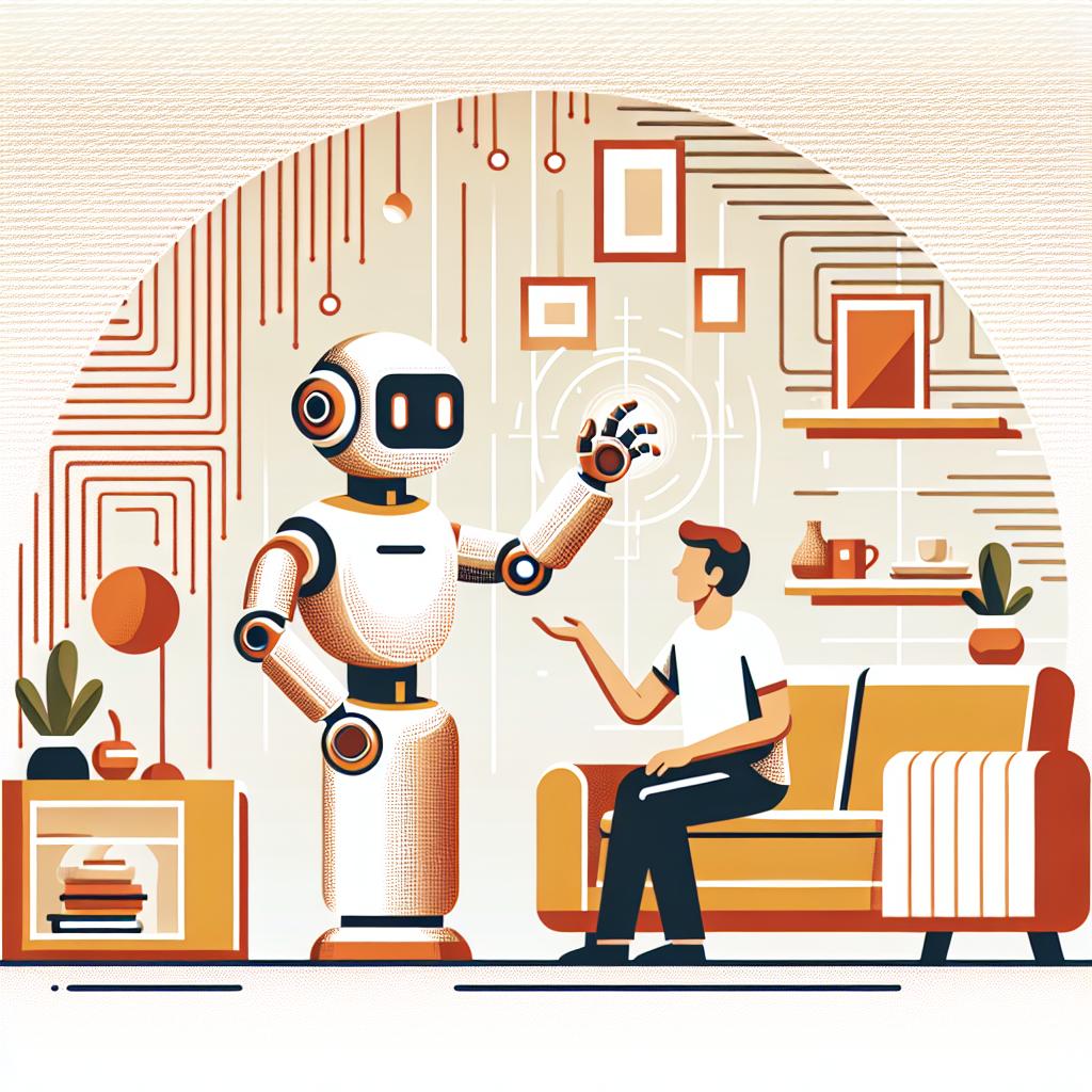 Create an illustration in a corporate vector flat style, using a 2D linear perspective. In the image, a robotic technology is interacting in a friendly manner with a human in a domestic environment, all set against a white, textureless background. The robot, symbolizing the new era of human-robot interactions, has expressive facial features, showing its ability to display emotions. The human represents the users who will interact with the robots. Surroundings depict homely setting where these interactions take place. Warm colors are used throughout the image to convey a sense of comfort and welcome.