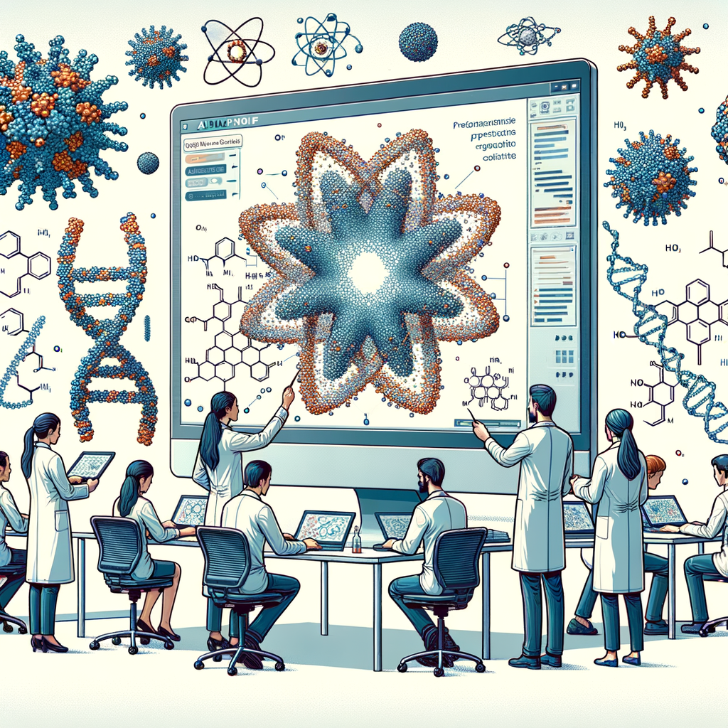 Create a flat, vector-style 2D linear corporate design showcase on a white, texture-less background. It portrays researchers, both men and women of various ethnic descents including Caucasian, Black, Middle-Eastern and Hispanic, in a scientific lab setting. They are using a computer that symbolizes AlphaFold, an artificial intelligence tool. The screen displays a 3D model of the nuclear pore complex, representing an intricate molecular structure. Floating around this setting are graphical displays of protein structures, indicating the predictive capabilities of the AI. This artwork symbolizes the significant advancement in our understanding and potential treatment of various serious diseases.