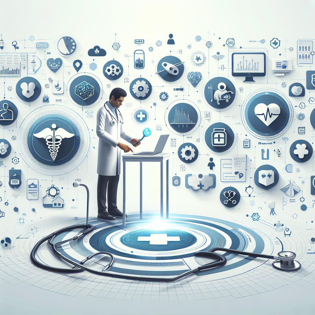 Create a 2D, vector-style corporate image set against a smooth white background. The scene takes place in a hospital, and in the center, a South Asian male doctor can be seen leveraging an artificial intelligence (AI) based medical device. Surrounding the medical professional, symbols and icons of health and medicine float in the air, symbolizing the integration of AI into health care. Various charts and graphs are also wedged in, indicating the progressive influence of technology in medicine. All these elements come together to convey the key themes of health modernization and innovation.