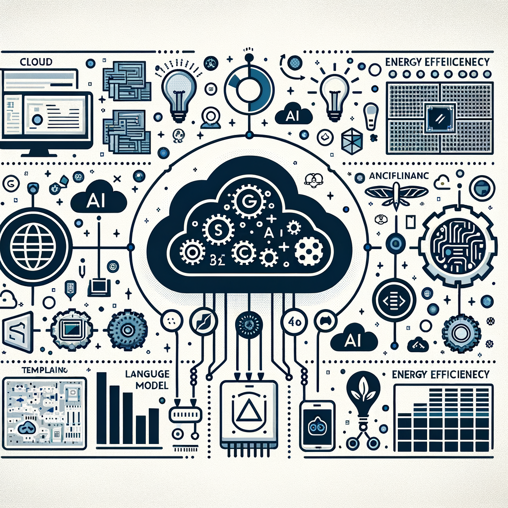 Create a 2D, linear perspective image in a flat, corporate, vector-style, on a white and textureless background. The image should depict Microsoft's cloud infrastructure using cloud symbols along with artificial intelligence (AI) icons that represent language models and algorithms. Include a circuit board to symbolize energy telemetry at the silicon level and an energy efficiency chart to show improvement in energy use. Lastly, incorporate a sustainability symbol to reflect a commitment to sustainable practices. All these elements are part of Microsoft's ongoing effort to become carbon negative by 2030 through technological innovations that optimize energy use and reduce carbon footprint.