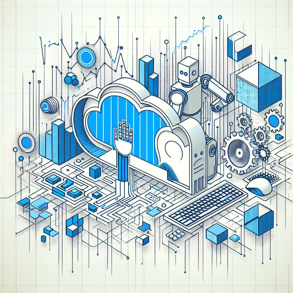 Create an image in a 2D, Linear perspective with a white, untextured background. The image is in a Flat, Corporate, Vector art style. It should symbolically illustrate the tension in the technology market with elements of artificial intelligence, clouds and data centers. Include digital clouds to symbolize Microsoft's cloud infrastructure. Depict robots and keyboards to represent the connection between AI and technology. Include financial graphs to portray the volatility of the stock market. Use cool colours to represent the tension and uncertainty in the market.