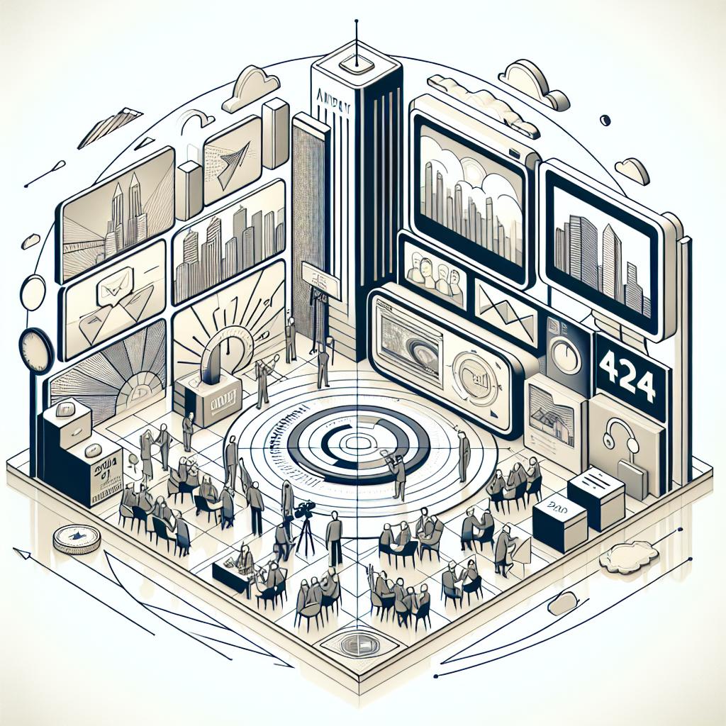 Create a 2D, linear perspective vector-style image utilizing a flat, corporate aesthetic. The scene is set on a white, texture-less background. The image should represent the diversity of 2024's corporate videos. Include the following elements: animations, which showcase modernity and accessibility; customer testimonials, which signify emotional connections with the audience; and product demonstrations, emphasizing transparency and credibility. Please note, all elements should coexist in harmony within the composition, creating a holistic visual representation of corporate video content.