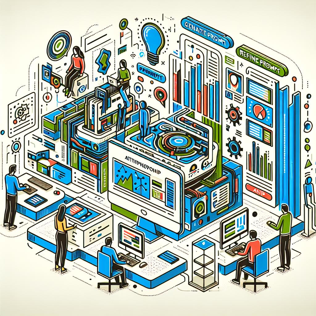 Create a 2D linear perspective illustration with a flat, corporate and vector style, set against a white, texture-less background. The image depicts the scenario on November 15, 2024, when updates to Google's AI prompt writing tools in Vertex AI were announced. Show developers working on digital platforms, using artificial intelligence tools to create prompts. The developers should be diverse, showcasing a variety of genders and descents, to signify inclusivity in technology. Include computer screens that display functions like 'Generate prompt' and 'Refine prompt'. Incorporate icons symbolizing AI technology integration into the process. Use futuristic colors, such as blue and green, to convey innovation. Include graphics designs that represent data analysis that can be done with prompts.