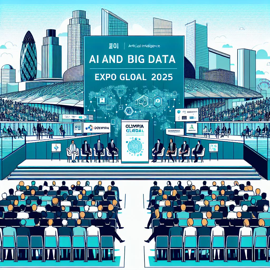 Create a 2D, linear perspective image representing the AI and Big Data Expo Global 2025 in a flat, corporate, vector style. The setting is Olympia, London, where an audience of diverse professionals from different industries is engaged in speeches. Utilize a color palette of blues and greens to symbolize technology and innovation. Use a white, textureless background. The key elements of the image are the modern-themed design that combines elements of AI and big data, depictions of the speakers to represent the high level of discussions, and banners of supporting businesses to portray the commercial significance of the event. It should capture the essence of one of the most crucial events about artificial intelligence and big data set to occur on February 5th and 6th, 2025.
