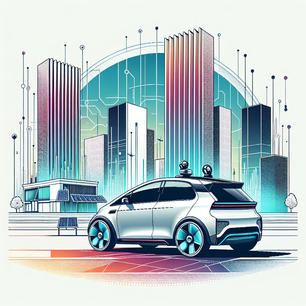 Create a stylized 2D, vectored, and corporate-style image set in a linear perspective. The image should present an unbranded electric vehicle equipped with autonomous driving technology, set against an urban backdrop to convey modernity and innovation. The background of the picture should be white and texture-less to keep the focus on the primary elements of the image. The electric car should stand out as the symbol of innovation. The backdrop should include a cityscape, giving a sense of modern technology. Use vibrant colors to transmit energy and innovation.