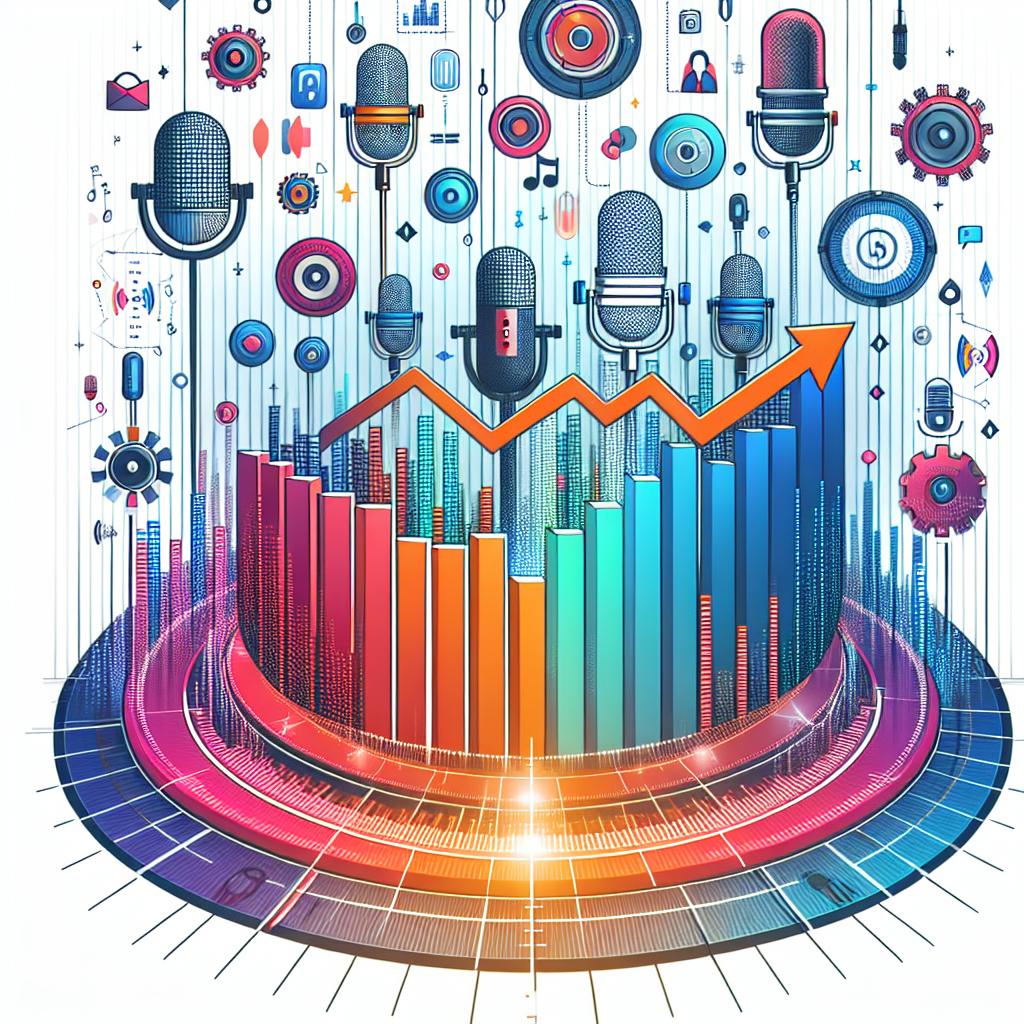 Create a corporate-style, flat, vector image. This 2D, linear perspective image is against a white background with no texture. The vibrant, technological-themed background is accentuated with audio and voice icons. In the center, there's an ascending chart symbolizing the increased earnings of voice actors. Additional elements include vibrant colors to convey dynamism and innovation, and icons of microphones representing the voice actors and the audio industry.