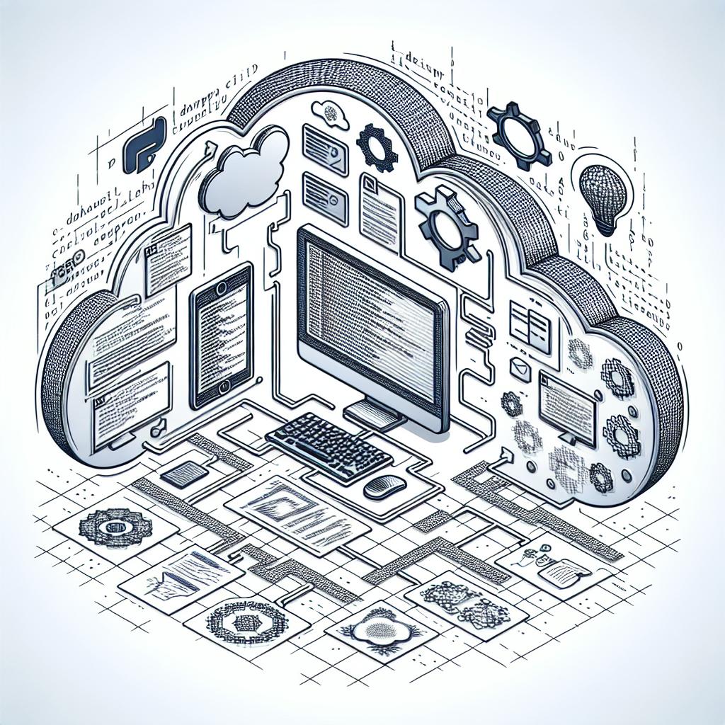 2D, Linear perspective, vector-style image on a white, textureless background. The image aims to represent the open-source Python library, DataDreamer, which promotes innovation, collaboration, and workflow efficiency in machine learning development through synthetic data generation. The image includes a computer symbolizing the development platform, graphics for data analysis, running codes to emphasize technical aspects and programming use. Also, an element denoting the collaborative, knowledge-sharing nature of the AI community is included.