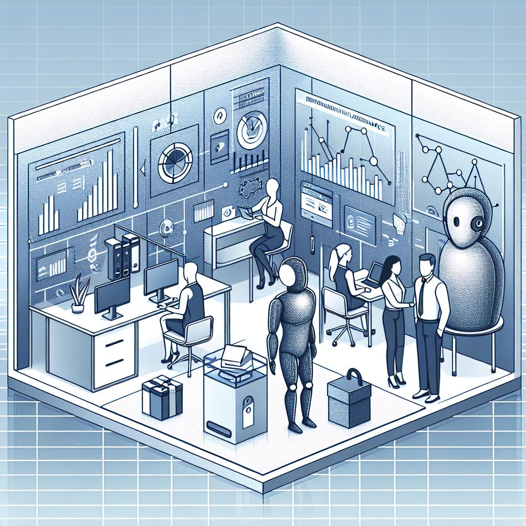 A 2D linear perspective, vectorial, flat and corporate styled illustration set in a modern office, representing the innovation and use of technology. The office stands in Mountain View, California, on a clean, white and texture-less background. It features a digital insurance broker, a work of Artificial Intelligence, created by Flow Specialty, interacting with small and medium-sized business owners symbolizing a breakthrough in the insurance industry. In the background, economic graphs and data are present highlighting risk analysis and personalized insurance. This symbolizes the revolutionary insurance coverage for small and medium businesses that was announced on January 22, 2025.