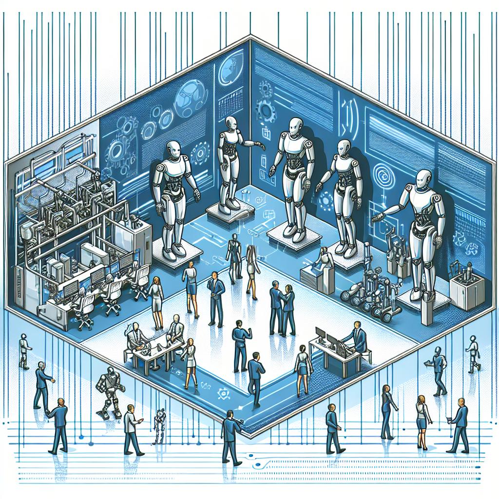 create a 2D, linear perspective image in a vector, flat, and corporate style. The image should be set in a modern work environment with a textureless white background. It should represent humanoid robots interacting with humans of diverse genders and descents, showcasing the robots' adaptability and multifunctionality. The scene should include elements of an industrial factory symbolizing the integration of robots into the corporate environment. Highlight the collaboration between humans and robots, as seen at the CES 2025 exhibition. The robots should be shown performing different tasks, displaying their versatility. The color scheme should be futuristic, using shades of blue and silver to evoke a sense of technology and innovation. Add some text on technological integration, symbolizing the connection between humans and robots.