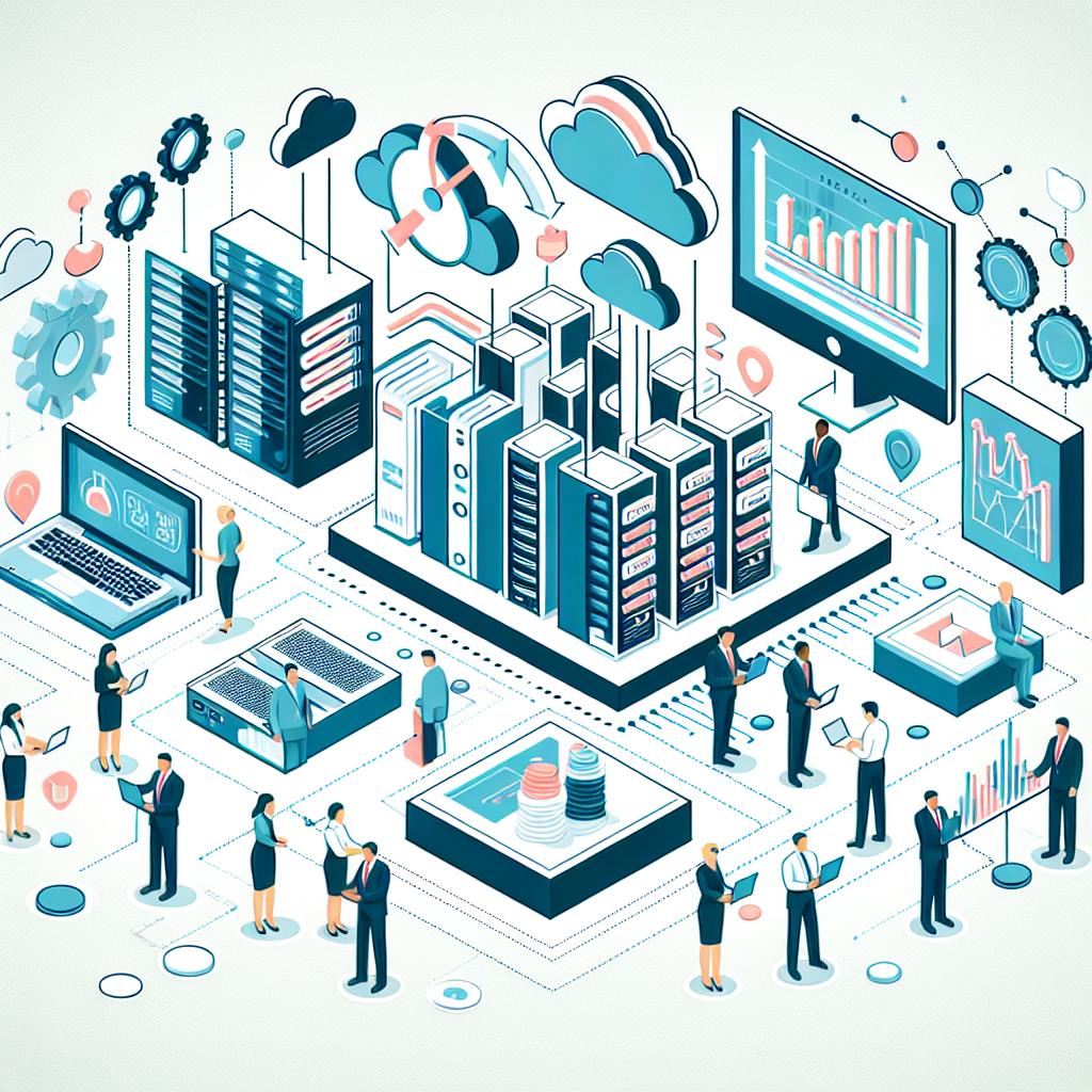 Create a 2D, linear perspective vector-style image using a flat, corporate style. Set the image on a white, textureless background. This is to represent digital transformation in the public sector. Include elements that symbolize technology, data, and accessibility. Add data graphs to represent modernization and efficiency. Include some citizens of different descents like Caucasian, Hispanic, and Middle-Eastern interacting with technology to symbolize accessibility and inclusion. Furthermore, incorporate images of servers and cloud computing to highlight the digital infrastructure.