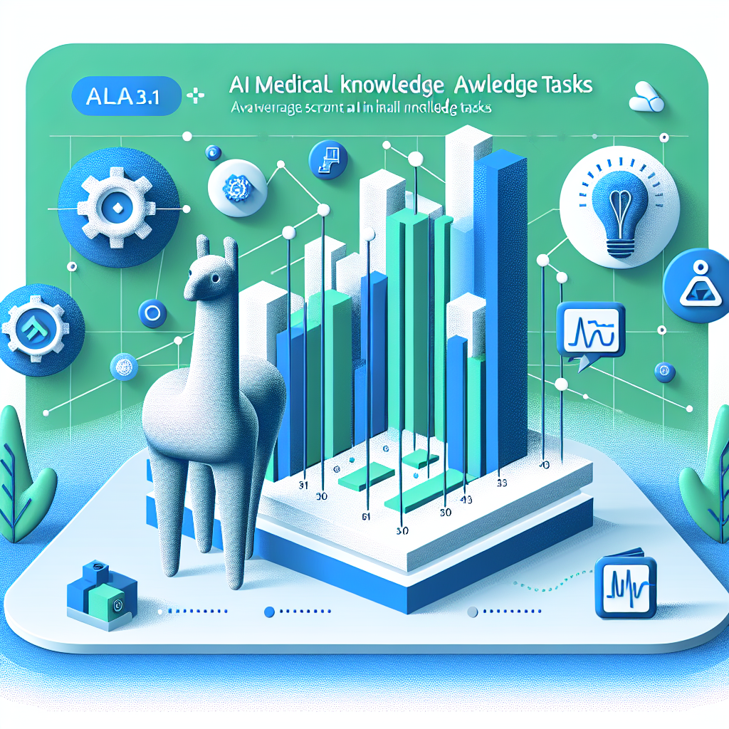 An illustrative 2D vector image in a flat, corporate style that showcases a comparative chart comparing the performances of AI models, Llama-3.1 and Llama-3.2 in medical knowledge tasks. The background should be white and textureless, setting a professional tone. The chart should visually highlight the average scores of these models in medical tasks. Scattered around are abstract icons symbolizing health and technology which should evoke an understanding about the models' application in the medical field. To convey a sense of technology and health, use primarily blue and green colors.